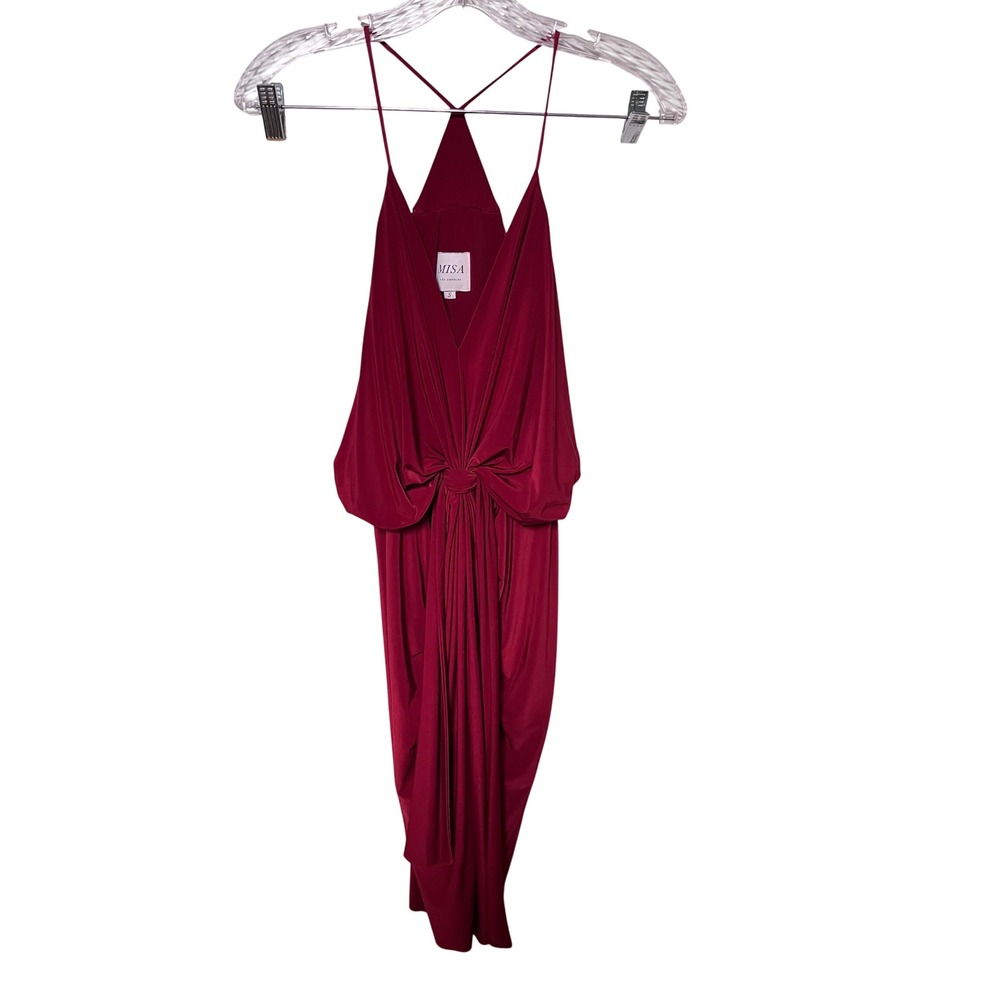 MISA Los Angeles Red Draped Knot Front V-Neck Racerback Midi Dress Small